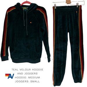 AVIATOR NATION velvet teal velour sweat suit Top (m) Pants (s)